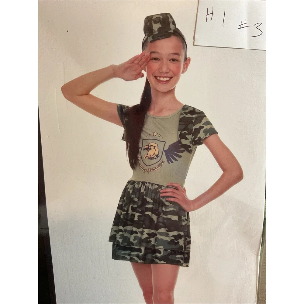 New Girls Camo Army Cadet Camouflage Halloween Costume Hat & Dress‎ Medium 6-8